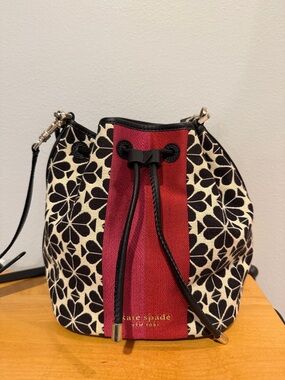 kate spade Black & Cream Floral Canvas Crossbody with Red Stripe